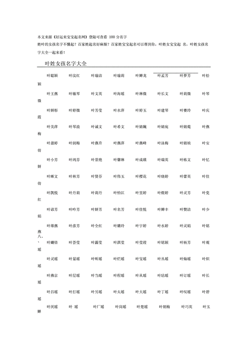 女孩名字大全姓叶（女孩名字大全属兔）